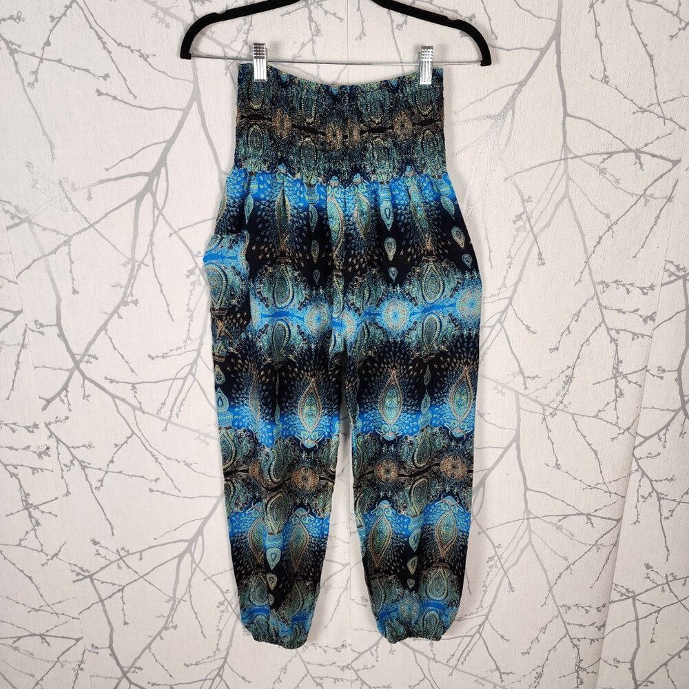 Artsy Paisley Printed Pull On High Waist Smocked Harem Pants